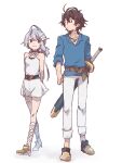  1boy 1girl ahoge aldo_(another_eden) ankle_boots another_eden armored_boots armpit_crease arms_at_sides arms_behind_back bare_shoulders bell belt belt_buckle black_boots black_choker black_hair blue_belt blue_shirt boots breasts brother_and_sister brown_eyes buckle choker closed_mouth collarbone commentary_request criss-cross_halter crossed_bangs double-parted_bangs dress eye_contact feinne_(another_eden) flower full_body grey_hair hair_between_eyes hair_flower hair_ornament halterneck hatching_(texture) heart heart-shaped_buckle heel_up high_heel_boots high_heels jewelry jingle_bell leg_ribbon linear_hatching long_sword looking_at_another looking_to_the_side medium_hair michibata_65 necklace pants pants_rolled_up parted_bangs pendant red_eyes ribbon scabbard sheath sheathed shirt short_dress short_hair siblings side-by-side sidelocks sideways_glance simple_background sleeveless sleeveless_dress sleeves_rolled_up small_breasts smile standing three-quarter_sleeves toes_up turning_head v-neck white_background white_boots white_dress white_flower white_pants white_ribbon 