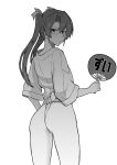  1girl :3 absurdres ass blush cowboy_shot fan from_behind fundoshi greyscale highres holding holding_fan japanese_clothes kantai_collection long_hair looking_back monochrome o3o paper_fan puckered_lips simple_background solo standing takaman_(gaffe) translation_request twintails uchiwa white_background yamakasa zuikaku_(kancolle) 