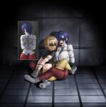  2girls absurdres arms_behind_back ball_gag black_blindfold black_shirt blindfold blonde_hair blue_hair breasts crop_top fueguchi_hinami gag gag_harness gagged highres improvised_gag kirishima_touka large_breasts medium_breasts multiple_girls pants red_pants restrained shibari shirt short_hair sitting tape tape_gag tokyo_ghoul white_shirt wiffle_gag yellow_pants yukumo_no_ki 