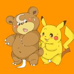  1:1 2005 anthro asian_clothing blush bodily_fluids brown_body brown_fur clothing duo east_asian_clothing figaro_(artist) fundoshi fur japanese_clothing kemono low_res nintendo orange_background pikachu pok&eacute;mon pok&eacute;mon_(species) simple_background slightly_chubby sweat teddiursa underwear video_games yellow_body 