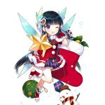  1girl anna_(uchi_no_hime-sama_ga_ichiban_kawaii) bare_legs black_hair blunt_bangs box dress gift gift_box long_hair one_eye_closed open_mouth purple_eyes red_socks salt_(salty) santa_costume santa_dress snowman socks uchi_no_hime-sama_ga_ichiban_kawaii very_long_hair wings 