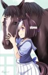  1girl animal_connection animal_ears bow brown_hair cowboy_shot creature_and_personification horse horse_ears horse_girl horse_tail multicolored_hair pleated_skirt purple_bow purple_eyes purple_ribbon real_life ribbon school_uniform serafuku short_hair short_sleeves skirt smile special_week_(horse) special_week_(umamusume) tail tonpuu tracen_school_uniform two-tone_hair umamusume white_hair white_skirt 