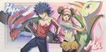  1boy 1girl :d belt black_belt black_gloves black_hair blue_eyes bright_pupils brown_eyes brown_hair character_name double_bun fingerless_gloves gloves grin hair_bun highres hugh_(pokemon) jacket kkodle2 long_hair notice_lines open_mouth pants pantyhose pokemon pokemon_(creature) pokemon_bw2 raglan_sleeves rosa_(pokemon) serperior shirt short_hair shorts smile spiked_hair stretching teeth tongue twintails unfezant unfezant_(male) upper_teeth_only visor_cap white_pupils yellow_shorts 