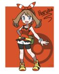  1girl :d absurdres bare_shoulders bike_shorts bike_shorts_under_skirt black_shorts blue_eyes border bow bow_hairband brown_hair character_name fanny_pack full_body garloo hair_bow hairband hand_on_own_hip highres looking_at_viewer may_(pokemon) open_mouth outside_border poke_ball_symbol pokemon pokemon_oras red_background red_bow red_hairband red_shirt shirt short_hair shorts signature sleeveless sleeveless_shirt smile solo standing white_border white_shorts 