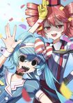  2girls :d arm_up black_necktie blue_dress blue_hair blue_sky bow cloud collared_shirt commentary_request confetti diagonal-striped_bow dress drill_hair floating_hair floating_neckwear hair_between_eyes hand_on_own_hip hat hat_bow hatsune_miku highres kasane_teto leaning_to_the_side long_hair mesmerizer_(vocaloid) multiple_girls necktie nushibautiful open_mouth pants pinstripe_dress pinstripe_hat pinstripe_pattern puffy_short_sleeves puffy_sleeves red_bow red_eyes red_hat red_pants sailor_collar sharp_teeth shirt short_sleeves sky smile smiley_hat_ornament solid_circle_eyes striped_clothes striped_shirt suspenders sweat teeth tongue tongue_out twin_drills twintails two-tone_bow utau visor_cap vocaloid white_bow white_sailor_collar white_wrist_cuffs wing_collar worried wrist_cuffs 