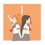  2girls ahoge animification arm_up border bow braid brown_hair closed_eyes commentary countdown grey_sailor_collar grey_skirt hair_bow holding_hands inami_anju kase_(ks_lys) long_hair love_live! love_live!_sunshine!! medium_hair multiple_girls neckerchief orange_background orange_hair pleated_skirt profile real_life sailor_collar school_uniform serafuku shirt side_braid sideways_mouth simple_background single_braid skirt smile summer_uniform takami_chika tie_clip uranohoshi_school_uniform voice_actor voice_actor_connection white_border white_shirt yellow_bow 