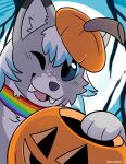  anthro belovedfoxx canid canine canis cute_expression dante_kinkade full_moon halloween hi_res holidays jack-o&#039;-lantern lgbt_pride male mammal moon pride_colors solo wolf 
