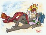 andrade-iv anguirus anji_lass anthro anthro_on_anthro beach bikini blonde_hair blue_hair blush bottomwear breast_grab breasts claws clothing duo entwined_tails eye_contact female female/female fin fingering fingering_partner godzilla_(series) green_eyes hair hand_in_bikini_bottom hand_on_breast hand_under_shirt horn looking_at_another markings multicolored_body nipples open_mouth open_smile sex shorts smile spikes spots spotted_body swimwear tail tail_coil tail_fin titanosaurus_(godzilla) toe_claws toho translucent translucent_clothing two-piece_swimsuit two_tone_body vaginal vaginal_fingering wet_t-shirt