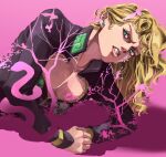  1boy bird bishounen black_jacket blonde_hair cleavage_cutout clenched_teeth clothing_cutout collared_jacket double_exposure earrings frog giorno_giovanna green_eyes hair_down hand_on_floor highres jacket jewelry jojo_no_kimyou_na_bouken ladybug_ornament male_focus pink_background shadow snake teeth togusa_jj tree vento_aureo victory_rolls 