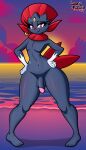 2025 5_toes absurd_res anthro balls beach bedroom_eyes blush cute_fangs digital_media_(artwork) ear_feathers ear_piercing ear_ring eyelashes eyeshadow fangs feathers feet femboy flaccid forehead_gem gem generation_4_pokemon genitals glans hands_on_hips hi_res humanoid_feet humanoid_genitalia humanoid_penis looking_at_viewer luna_(lunaris_parukia) lunaris_parukia makeup male narrowed_eyes navel nintendo nude nude_beach penis piercing pink_glans plantigrade pokemon pokemon_(species) pokemorph public public_nudity ring_piercing seductive solo standing sunset tail tail_feathers teeth thick_thighs toes weavile