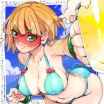  1girl arms_(game) bangs bare_shoulders bikini bikini_top blonde_hair blue_bikini blush breasts cleavage collarbone day domino_mask food green_eyes hair_ornament large_breasts looking_at_viewer mask min_min_(arms) navel noodles plaid plaid_bikini short_hair solo swimsuit teriyaki 