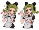  1girl alternate_costume apron black_dress black_hair blush braid broken_heart broken_heart_hands bun_with_braided_base butterfly_tattoo cone_hair_bun double_bun dress enmaided flying_sweatdrops four-finger_heart_hands frilled_apron frills fu_r_y green_eyes green_hair green_lips hair_bun heart heart_hands jojo_no_kimyou_na_bouken kujo_jolyne maid maid_apron multicolored_hair puffy_sleeves simple_background smile stone_ocean sweatdrop tattoo two-tone_hair white_apron white_background 