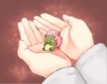  1other brown_background chansey closed_mouth commentary_request cupping_hands doll gen_1_pokemon hands highres holding holding_doll long_sleeves mobachopo pokemon pokemon_(creature) smile solid_oval_eyes substitute_(pokemon) 