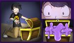 2011 ambiguous_gender black_hair bottomwear clenched_teeth clothed clothing colored confusion duo fox0808 fully_clothed goo_creature hair human human_focus imminent_transformation jewelry khaki_pants kneeling male male_human mammal shirt simple_background solo_focus t-shirt teeth topwear treasure_chest wide_eyed yellow_eyes