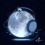  1other absurdres astronaut cable cellphone commentary eighth_note fish flying_fish gloves glowing headphones helmet highres holding holding_phone kazunoko_(kazunoko_zunoco) listening_to_music looking_at_phone moon musical_note original oversized_object phone radio_antenna sitting smartphone solo space space_helmet star_(sky) white_gloves 