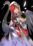  1girl artist_request bangs bird black_dress blush breasts claws crane_(animal) dress fate/grand_order fate_(series) feathers highres hood hood_up hooded_robe long_hair looking_at_viewer medium_breasts miss_crane_(fate) purple_eyes red_hair sash smile two-tone_dress white_dress white_robe 