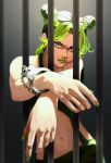  1girl bare_shoulders bun_with_braided_base cone_hair_bun cuffs double_bun glaring green_eyes green_hair green_lips green_nails hair_bun handcuffs highres jojo_no_kimyou_na_bouken kujo_jolyne lipstick looking_at_viewer makeup midriff multicolored_hair navel prison_cell solo stone_ocean togusa_jj two-tone_hair 