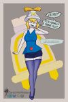 2:3 battle_plug blonde_hair blue_bottomwear blue_clothing blue_footwear blue_legwear blue_mouth blue_shirt blue_shoes blue_shorts blue_tongue blue_topwear bottomwear breasts clothing concordian connie_(mario) dialogue eyes_closed female flats_(shoes) footwear gem grey_background hair hat headgear headwear hi_res humanoid jewelry legwear mario_and_luigi:_brothership mario_and_luigi_(series) mario_bros messy_hair nintendo open_mouth red_jewelry ruby_(gem) shirt shoes short_hair shorts simple_background smile solo speech_bubble thick_thighs thigh_highs tongue topwear whispering white_body white_skin zaraunitymasters
