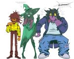 2025 2_horns anthro armwear belt black_armwear black_body black_clothing black_fur black_hair black_legwear blue_bottomwear blue_clothing blue_pants bottomwear bovid brown_bottomwear brown_clothing brown_hair brown_pants caprine clothing collar deltarune denim denim_bottomwear denim_clothing directional_arrow ear_piercing english_description english_text eyewear female fist footwear front_view fur gesture glasses goat green_clothing green_hat green_headwear green_robe green_shirt green_topwear group hair hair_over_eyes hand_gesture hat headgear headwear hi_res horn human jacket jeans kris_(deltarune) legwear lizard male mammal middle_finger mouth_closed open_mouth pants piercing pink_scarf purple_body purple_clothing purple_jacket purple_scales purple_topwear ralsei reptile ring robe round_glasses scales scalie scarf shirt shoes simple_background standing susie_(deltarune) text tongue tongue_out topwear torn_clothing torn_legwear trio undertale_(series) v_sign wearing_glasses white_background white_clothing white_shirt white_topwear wizard_hat xexeezy