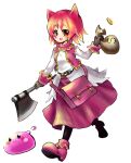  1girl :3 animal_ears axe belt black_belt black_gloves blush brown_eyes cat_ears cat_girl coin commentary_request doroidsan full_body gloves holding holding_axe holding_sack long_sleeves looking_at_viewer merchant_(ragnarok_online) money_bag open_mouth pink_bag pink_hair pink_shoes pink_skirt pink_vest poring ragnarok_online sack shirt shoes short_hair simple_background skirt slime_(creature) smile solo translation_request vest white_background white_shirt 