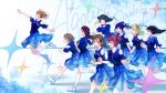  6+girls :d ahoge aqours_finale_lovelive!_~eikyuu_stage~ bare_shoulders black_hair blonde_hair blue_bow blue_hair blue_hairband blue_shirt blue_skirt boots bow braid braided_hair_rings brown_hair closed_mouth clothing_cutout commentary_request crown_braid double_bun floating_hair grey_hair grin hair_bow hair_bun hair_rings hairband halpng high_ponytail highres jewelry jumping kunikida_hanamaru kurosawa_dia kurosawa_ruby long_hair love_live! love_live!_sunshine!! low-braided_long_hair low-tied_long_hair matsuura_kanan medium_hair medium_skirt multiple_girls necklace official_alternate_costume ohara_mari one_side_up open_hand open_mouth orange_hair outstretched_arm ponytail profile reaching red_hair running sakurauchi_riko shirt short_hair short_sleeves shoulder_cutout side_braid sideways_mouth single_braid single_hair_ring single_side_bun skirt smile sparkle takami_chika tsushima_yoshiko watanabe_you white_boots white_bow yellow_eyes 