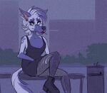 2020 anthro beastofeuthanasia bent_arm bent_legs black_boots black_clothing black_dress black_footwear blue_body blue_eyebrows blue_eyes blue_fur blue_hair blue_markings blue_nose blue_tail boots breasts canid canine canis cigarette city cityscape cleavage clothed clothed_anthro clothed_female clothing colored digital_drawing_(artwork) digital_media_(artwork) domestic_dog dress english_description eyebrows eyelashes female female_anthro finnish_spitz fishnet_clothing fishnet_leggings fishnet_legwear fluffy fluffy_tail footwear fully_clothed fully_clothed_anthro fully_clothed_female fur fur_markings furniture grey_eyes grey_sky hair half-closed_eyes heterochromia leggings legwear light lighting lipstick long_tail makeup mammal markings miyma_mirja_pohjola multicolored_body multicolored_fur multicolored_hair narrowed_eyes on_table outside plant red_lipstick shoes short_hair shrub sitting sitting_on_table sky smoking smoking_cigarette solo spitz table tail tan_inner_ear text trash_can two_tone_body two_tone_fur two_tone_hair two_tone_tail whisker_spots white_body white_fur white_hair white_tail