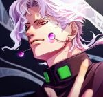  1boy asymmetrical_bangs cherry_earrings curtained_hair earrings floating_hair food-themed_earrings gakuran hierophant_green highres jewelry jojo_no_kimyou_na_bouken kakyoin_noriaki male_focus medium_hair portrait red_eyes school_uniform stardust_crusaders togusa_jj white_hair 