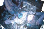  1girl absurdres arm_up blue_dress blue_eyes blue_flower colored_eyelashes corded_phone dress flower grey_hair hair_flower hair_ornament hair_over_one_eye hayama_hashiwo highres isekaijoucho kamitsubaki_studio long_hair long_sleeves looking_at_viewer lying nemophila_(flower) on_back pantyhose parted_lips phone shrug_(clothing) solo virtual_youtuber white_pantyhose white_shrug 