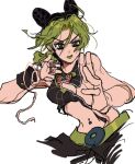  1girl bare_shoulders black_hair breasts butterfly_ornament cone_hair_bun crop_top double_bun foreshortening fu_r_y green_hair green_lips hair_bun jojo_no_kimyou_na_bouken kujo_jolyne looking_at_viewer makeup midriff multicolored_hair navel navel_piercing piercing simple_background sketch small_breasts solo spider_web_print stone_ocean two-tone_hair unraveling white_background 