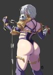  1girl armor artist_logo ass ass_focus automatic_giraffe bikini_armor boots detached_sleeves elbow_pads fingerless_gloves gloves grey_background highres holding holding_weapon holding_whip huge_ass isabella_valentine leotard logo open_clothes pauldrons purple_boots revealing_clothes short_hair shoulder_armor skull solo soulcalibur thigh_boots thigh_strap thong_leotard weapon whip whip_sword white_hair 
