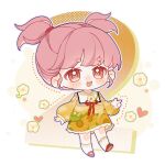  1girl aged_down bag blunt_bangs blush_stickers brown_eyes bubble chibi child chinese_commentary commentary_request countdown_illustration double-parted_bangs dress eyelashes floral_print flower flower_in_eye frilled_dress frills green_bag halftone heart highres kneehighs knees kongkongyu long_sleeves mary_janes medium_dress nikki_(nikki) nikki_(series) open_mouth outline pink_hair puffy_long_sleeves puffy_sleeves purple_outline red_shoes second-party_source shining_nikki shirt shirt_under_dress shoes short_hair shoulder_bag sleeves_past_wrists smile socks solo star_(symbol) sunflower symbol_in_eye tareme teeth two_side_up upper_teeth_only v white_background white_flower white_shirt white_socks yellow_dress young_nikki_(shining_nikki) 