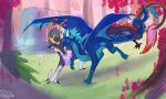akira_(akiraderg) ambiguous/ambiguous ambiguous_gender antlers black_claws blue_body blue_fur blue_mane blue_scales claws detailed_background dragon duo eastern_dragon feral fur furred_dragon furred_scalie grass grey_body grey_fur hi_res hollyvardia horn mane membrane_(anatomy) membranous_wings mythological_creature mythological_scalie mythology plant scales scalie ventral_scales white_body white_fur white_horn wings yellow_eyes