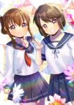  2girls anchor_symbol black_ribbon black_sailor_collar black_skirt blue_flower brown_eyes brown_hair closed_mouth commentary_request commission flower folded_ponytail grin hand_up inazuma_(kancolle) index_finger_raised kantai_collection kou_hiyoyo long_sleeves looking_at_viewer miyuki_(kancolle) multiple_girls neck_ribbon neckerchief pennant pink_flower pleated_skirt puffy_long_sleeves puffy_sleeves red_neckerchief ribbon roman_numeral sailor_collar school_uniform serafuku shirt short_sleeves skeb_commission skirt sleeves_past_wrists smile string_of_flags white_shirt 