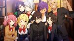 2boys 6+girls araya_kazuki black_hair black_jacket blonde_hair blue_eyes bow bowtie breasts buttons chair cleavage closed_eyes closed_mouth dark-skinned_female dark_skin dot_nose dress_shirt everyone green_eyes grey_hair grin hanao_akari indoors jacket john_spicer_(moe!_ninja_girls) large_breasts light_smile long_hair looking_at_viewer machiyuki_ricka moe!_ninja_girls momochi_myu multiple_boys multiple_girls official_art one_eye_closed open_mouth pink_eyes pink_hair plaid_clothes plaid_skirt purple_hair red_bow red_bowtie red_shirt saion-ji_enju school_uniform second-party_source shirt short_hair short_twintails skirt smile standing suou_yamabuki twintails very_long_hair yellow_eyes yomoda_tengge 