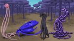  16:9 alien ambiguous_gender detailed_background eyeless faceless feral forest group hi_res meandraco monster multi_eye multi_limb not_furry nude outside plant tentacles teraurge tree video_games widescreen 