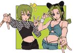  2girls :o aqua_pants aqua_tank_top bare_shoulders belt black_belt black_hair black_pants black_shirt black_tank_top braid breasts checkered_clothes checkered_shirt clothing_cutout curtained_hair double_bun double_v foo_fighters_(jojo) foreshortening fu_r_y green_background green_eyes green_hair green_lips hair_bun heart highres jojo_no_kimyou_na_bouken midriff multicolored_hair multiple_girls navel one_eye_closed outline pants parted_bangs shirt short_hair single_wrist_cuff small_breasts star_(symbol) star_on_cheek stone_ocean tank_top two-tone_hair v white_background white_outline white_shirt wrist_cuffs 