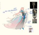  1girl arrow_(symbol) art_program_in_frame blue_collar blue_hanfu blue_shoes brown_eyes chinese_clothes chinese_commentary chinese_text closed_mouth collar commentary_request expressionless eyelashes flat_color floral_print full_body hand_on_own_chest hanfu highres huazhiyongzhe light_frown long_hair long_sleeves nikki_(nikki) nikki_(series) pink_hair reference_inset reference_sheet robe second-party_source shoes simple_background sleeves_past_fingers sleeves_past_wrists solo tassel translation_request tsurime very_long_hair white_robe wide_sleeves yellow_background yunjian 