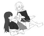  2girls bang_dream! bang_dream!_it&#039;s_mygo!!!!! barefoot belt blush commentary earrings grabbing_another&#039;s_breast greyscale groping guided_breast_grab guiding_hand highres jewelry kaeru_(kaeee41917105) kaname_raana layered_sleeves leg_between_thighs long_hair long_sleeves medium_hair monochrome multiple_girls open_clothes open_mouth open_shirt shiina_taki short_over_long_sleeves short_sleeves shorts skirt smile toes wolf_cut yuri 