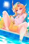  1girl absurdres ball bare_legs barefoot beachball bird_tail black_nails blonde_hair blue_eyes blue_sky cloud collarbone commentary day diving_mask diving_mask_on_head dokibird_(vtuber) dokibird_(vtuber)_(summer) dragoon_(dokibird) ear_piercing earclip english_commentary fangs fangs_out feet goggles goggles_on_head heterochromia highres indie_virtual_youtuber jewelry lens_flare long_hair long_pointy_ears looking_at_viewer low_ponytail midriff nail_polish navel official_alternate_costume outdoors pendant piercing pointy_ears ponytail pool red_eyes ricegnat ringed_eyes shirt shorts single_bare_shoulder single_off_shoulder sitting skin_fangs sky smile snorkel snorkel_mask solo sun tail tied_shirt tiles toenail_polish toenails toes virtual_youtuber water white_shirt yellow_shorts 