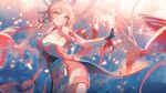 1girl absurdres arm_tattoo bandaged_arm bandages black_gloves black_sash blonde_hair bracelet breasts chest_sarashi chest_tattoo choker cowboy_shot fingerless_gloves fireworks flower_tattoo genshin_impact gloves grin hadanugi_dousa hair_ornament harushio highres holding holding_fireworks japanese_clothes jewelry kimono large_breasts obi obiage obijime orange_kimono ponytail red_choker rope sarashi sash shimenawa single_glove smile solo sparkler tattoo yoimiya_(genshin_impact) 