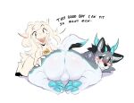 2025 2_horns anthro anus backsack balls bell bell_collar big_butt black_body black_fur black_hooves black_nose black_text blush bovid butt canid canine caprine collar deer dialogue diamond_(marking) duo english_text fox fur genitals grey_body grey_fur hair hand_on_butt hi_res hooves horn hybrid looking_at_viewer looking_back lying male mammal markings multicolored_body multicolored_fur nemnem neoxyden nude nude_anthro nude_male on_front open_mouth pawpads paws presenting presenting_hindquarters sheep simple_background smile tan_body tan_fur teal_horn teal_pawpads text white_background white_body white_fur zarii_(neoxyden)