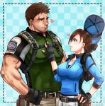  1boy 1girl blue_eyes breasts brown_hair chris_redfield cleavage closed_mouth facial_hair fingerless_gloves gloves hat jill_valentine large_breasts long_hair muscular nagare ponytail resident_evil resident_evil_5 smile stubble 