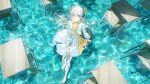 1girl absurdres barefoot blonde_hair blue_eyes boots commentary_request desk dress flower from_above full_body hair_flower hair_ornament heterochromia highres isekaijoucho isekaijoucho_(artist) kamitsubaki_studio long_hair looking_at_viewer multicolored_hair official_art red_eyes school_desk solo two-tone_hair unworn_boots water white_hair 