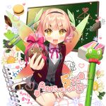  1girl blazer blunt_bangs chalkboard food holding jacket kanna_(uchihime) notebook pink_hair red_jacket salt_(salty) school_uniform short_hair sweets uchi_no_hime-sama_ga_ichiban_kawaii wings yellow_eyes 