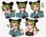  1girl aqua_jacket birthmark black_hair black_tank_top blush braid breasts bun_with_braided_base closed_eyes cone_hair_bun double_bun flying_sweatdrops fu_r_y green_eyes green_hair hair_bun jacket joestar_birthmark jojo_no_kimyou_na_bouken kujo_jolyne multicolored_hair multiple_views partially_shaded_face small_breasts spider_web_print stone_ocean sweatdrop tank_top two-tone_hair 
