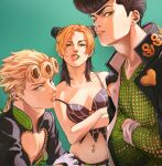  1girl 2boys :p anchor_ornament black_hair black_jacket black_tank_top blonde_hair braid breasts bug bun_with_braided_base cleavage cone_hair_bun crop_top diamond_wa_kudakenai double_bun earrings fishnet_top fishnets gakuran giorno_giovanna green_background green_eyes green_lips hair_bun higashikata_josuke highres jacket jewelry jojo_no_kimyou_na_bouken kujo_jolyne ladybug ladybug_ornament lipstick looking_at_viewer makeup medium_breasts midriff multicolored_hair multiple_boys navel navel_piercing parted_bangs piercing pompadour school_uniform spider_web_print stone_ocean tank_top togusa_jj tongue tongue_out two-tone_hair vento_aureo victory_rolls 