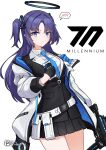  1girl absurdres ammunition_pouch artist_name belt belt_pouch black_gloves black_jacket black_skirt blue_archive blue_eyes blue_necktie blush breasts character_name closed_mouth collared_shirt gloves gun half_gloves halo highres holding holding_gun holding_weapon id_card jacket long_hair long_sleeves looking_at_viewer mechanical_halo necktie open_clothes open_jacket pleated_skirt pouch purple_eyes purple_hair rifle sherman_(egnk2525) shirt sig_sauer simple_background skirt solo spoken_blush submachine_gun suit two-sided_fabric two_side_up weapon white_background white_belt white_jacket white_shirt yuuka_(blue_archive) 