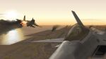  2boys absurdres ace_combat ace_combat_04 aerial_battle aircraft airplane battle building canards canopy_(aircraft) cloud cockpit dawn day dogfight english_commentary f-22_raptor farbanti fighter_jet fire flight_suit g-suit helmet highres horizon kevincipher military_vehicle mobius_1 multiple_boys ocean outdoors oxygen_mask pilot pilot_helmet roundel sky smoke su-37 sun tree yellow_13 