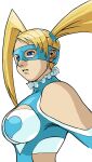  1girl bengus blonde_hair blue_eyes blue_leotard blue_mask breasts clothing_cutout game_cg highres leotard long_hair mask non-web_source official_art parted_lips portrait rainbow_mika shoulder_cutout simple_background solo street_fighter street_fighter_zero_(series) teeth twintails upper_body white_background wrestler wrestling_mask wrestling_outfit 