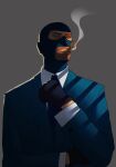  1boy adjusting_clothes adjusting_necktie balaclava blu_spy_(tf2) blue_eyes blue_gloves blue_jacket blue_necktie cigarette closed_mouth collared_shirt english_commentary fatoid formal_clothes gloves grey_background highres jacket long_sleeves male_focus necktie photoshop_(medium) shirt simple_background smoke smoking solo spy_(tf2) striped_clothes striped_jacket team_fortress_2 upper_body vertical-striped_clothes vertical-striped_jacket white_shirt 